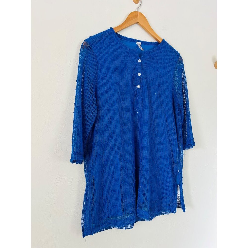 Lulu-B Women's Sz Medium Tunic Top Blue Mesh Mermaid Fishnet Open Knit